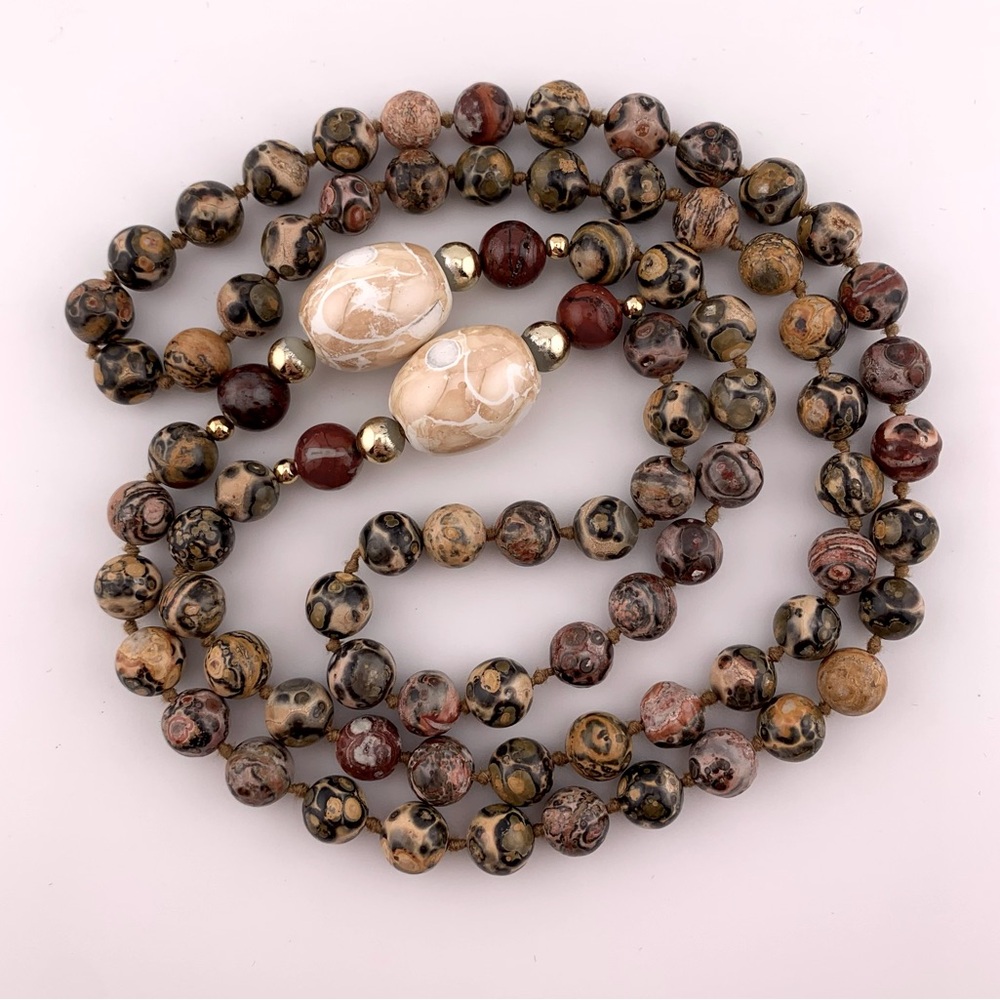 LEOPARD SKIN & RED JASPER BEAD 32" CONTINUOUS NECKLACE w Lg CERAMIC ACCENT BEADS